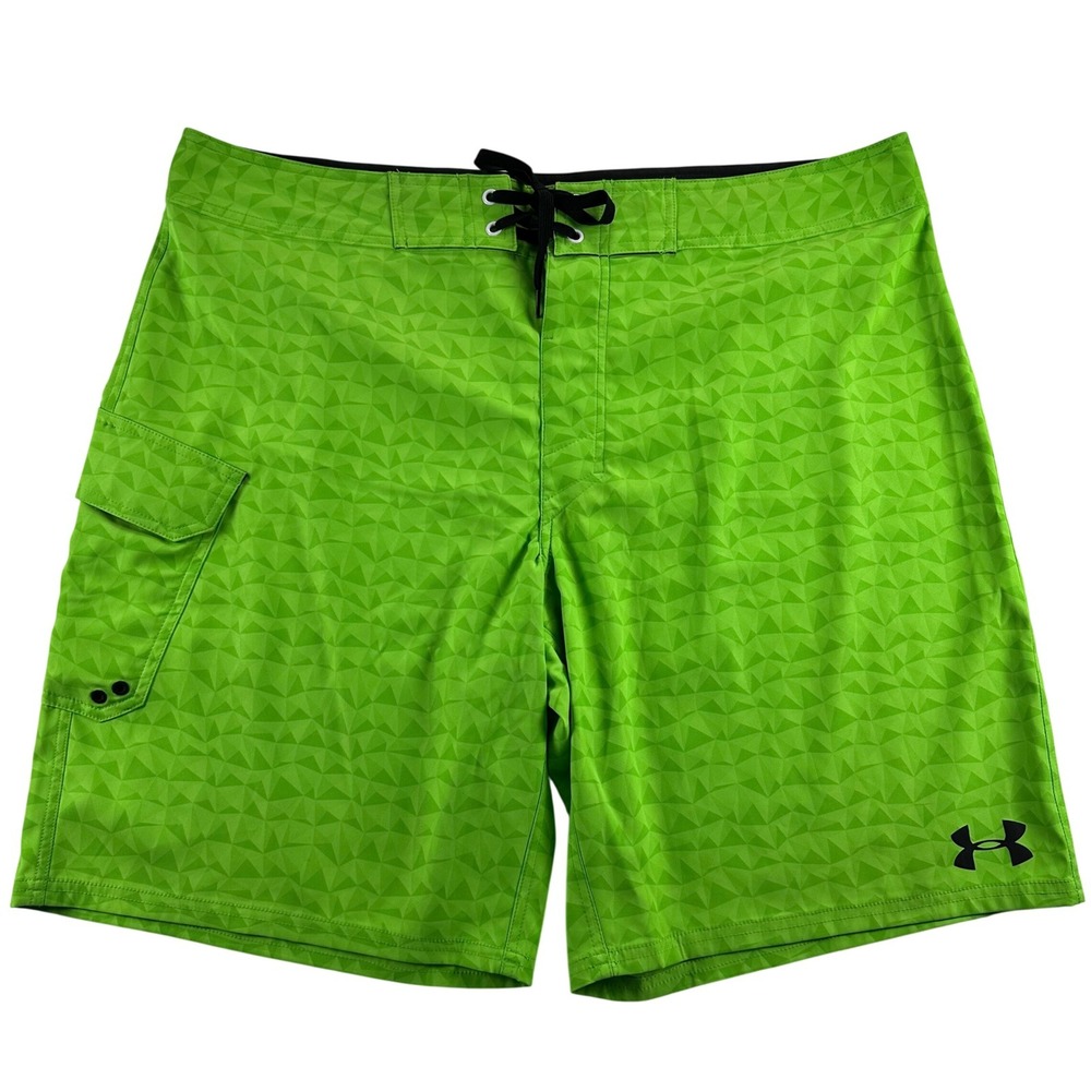 Under Armour Mens 42 Heat Gear‎ Board Shorts Lime Green Geometric Triangle Swim